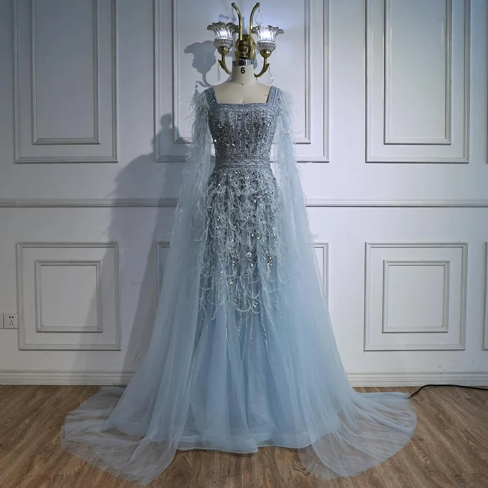 Elegant Blue Beaded Feather A-Line Evening Dress With Cape LA73043