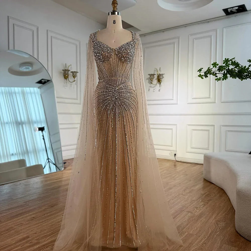 Luxury Nude Beaded Evening Dress with Cape Sleeves LA72575C