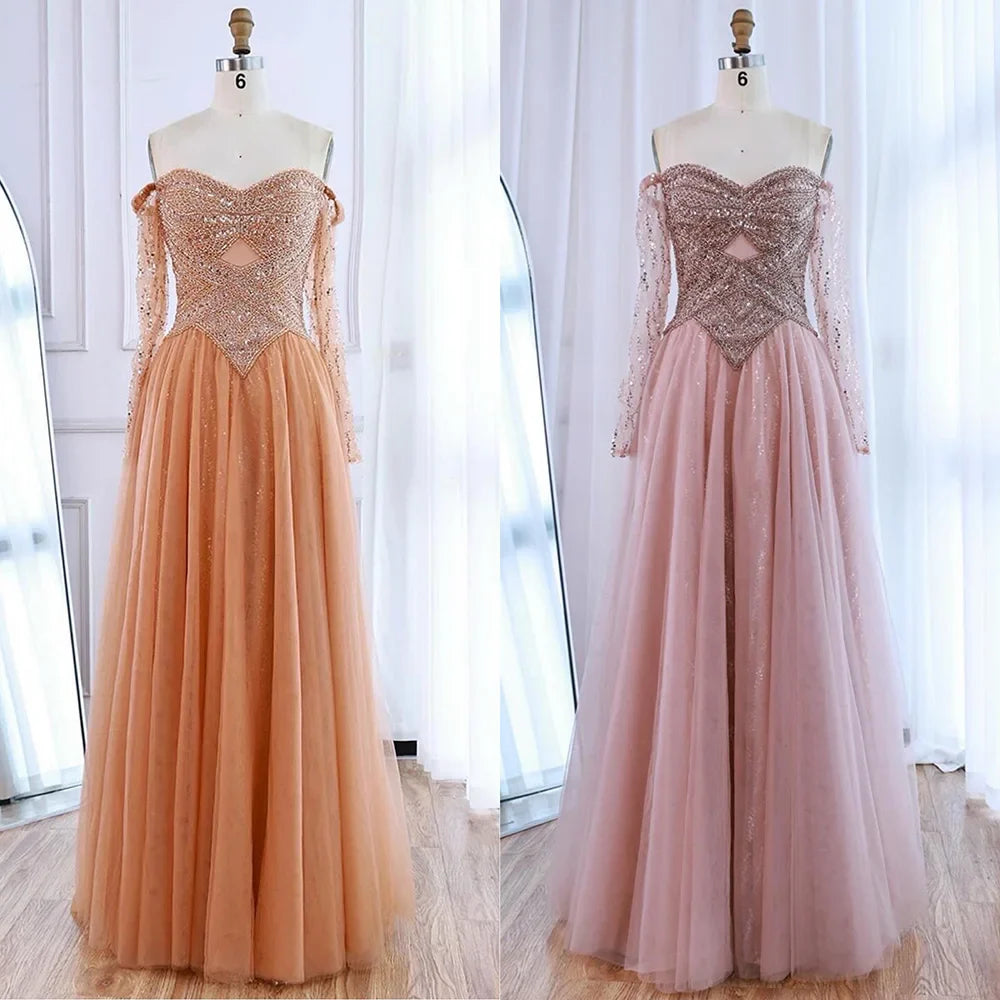 Luxury Nude Off Shoulder A-Line Beaded Evening Dress LA73038