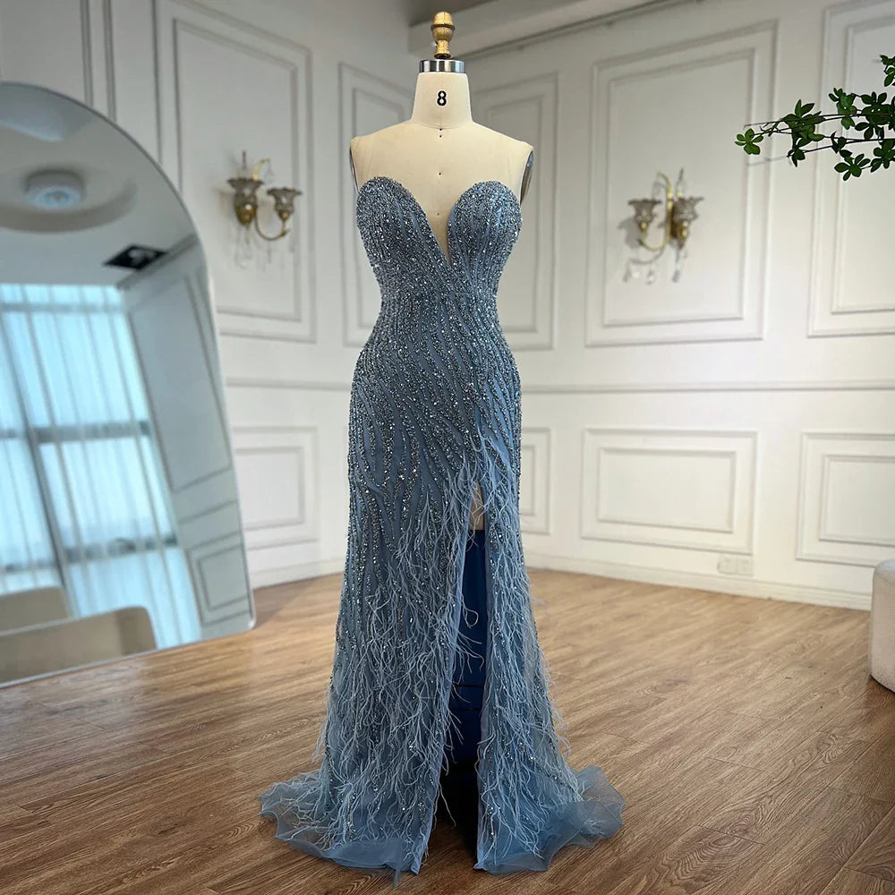Luxury Blue Feather Beaded Evening Dress with Side Skirt LA72695