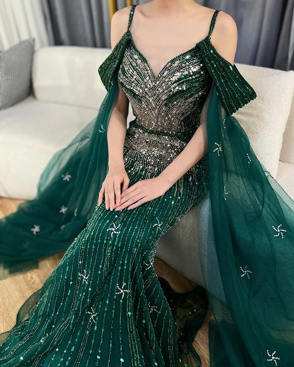 Serene Hill Spaghetti Strap Blue Mermaid Beaded Luxury Evening Dress with Cape Sleeves for Formal Occasion Saudi LA72707