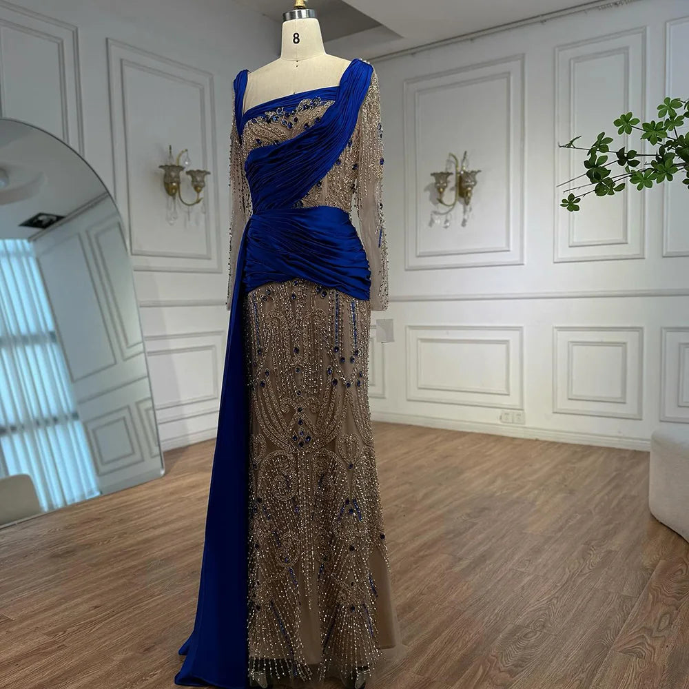 Luxury Royal Blue Velvet Beaded Mermaid Evening Dress LA72988