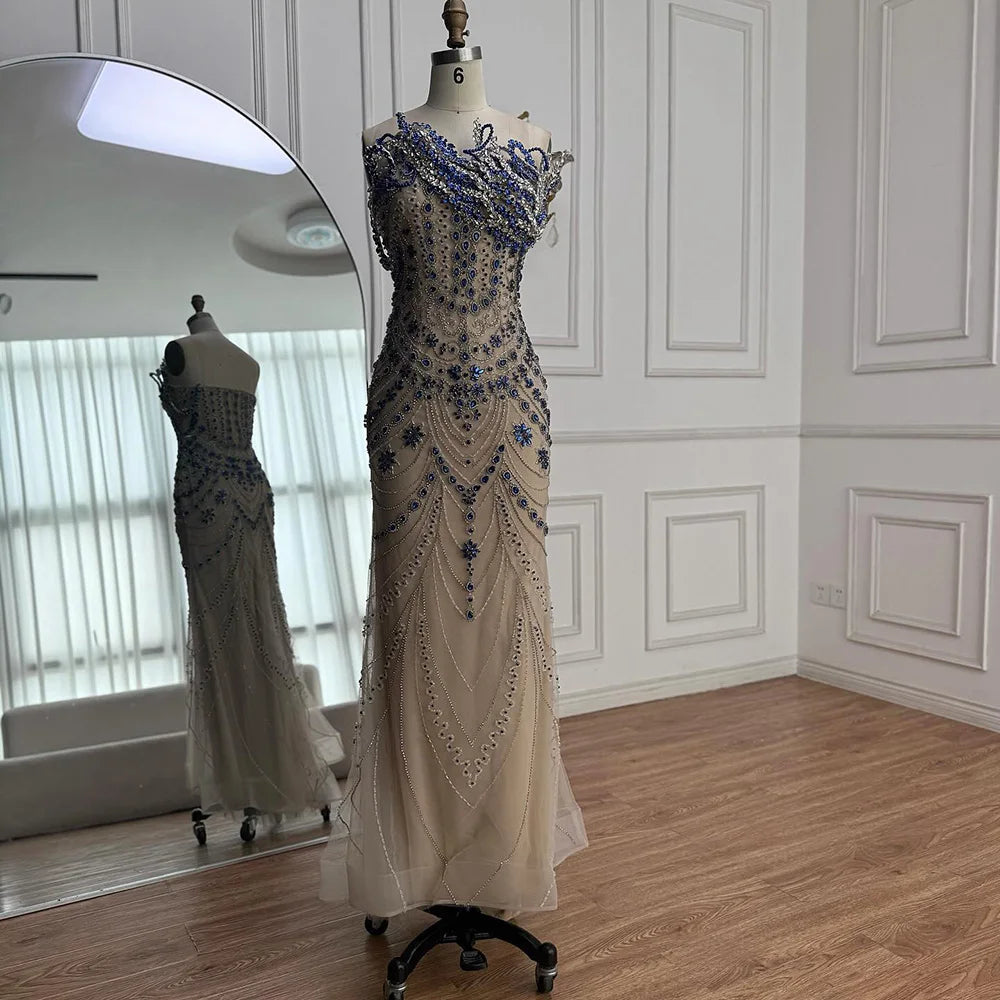 Luxury Blue Crystal Beaded Mermaid Evening Dress LA72760B
