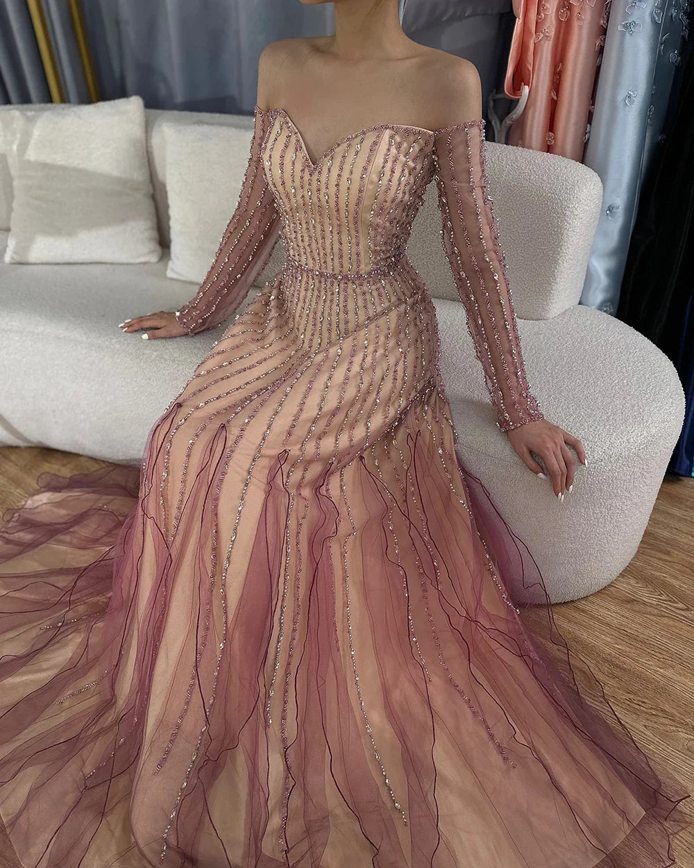 Luxury Dubai Arabic Purple Elegant A-Line Beaded Long Evening Dresses Gowns for Formal Occasion LA72752