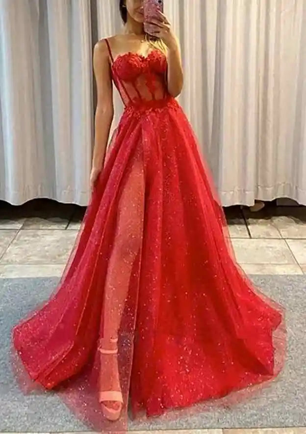 Serene Hill Arabic Black A-Line Sweetheart Spaghetti Straps Tulle Glitter Prom Dress with Appliqué for Women's Party LA72689