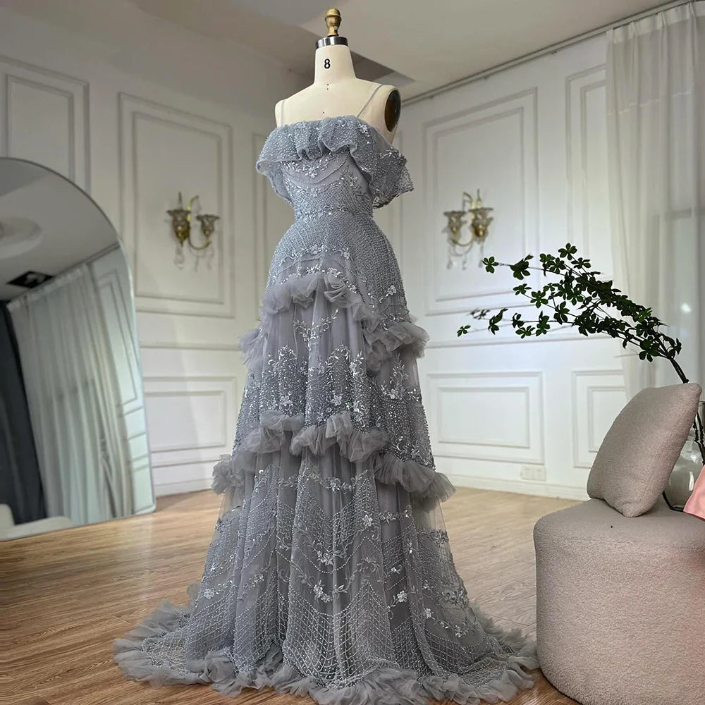 Luxury Dubai Arabic Gray A-Line Off-The-Shoulder Beaded Luxury Saudi Evening Gown for Formal Occasion LA72762