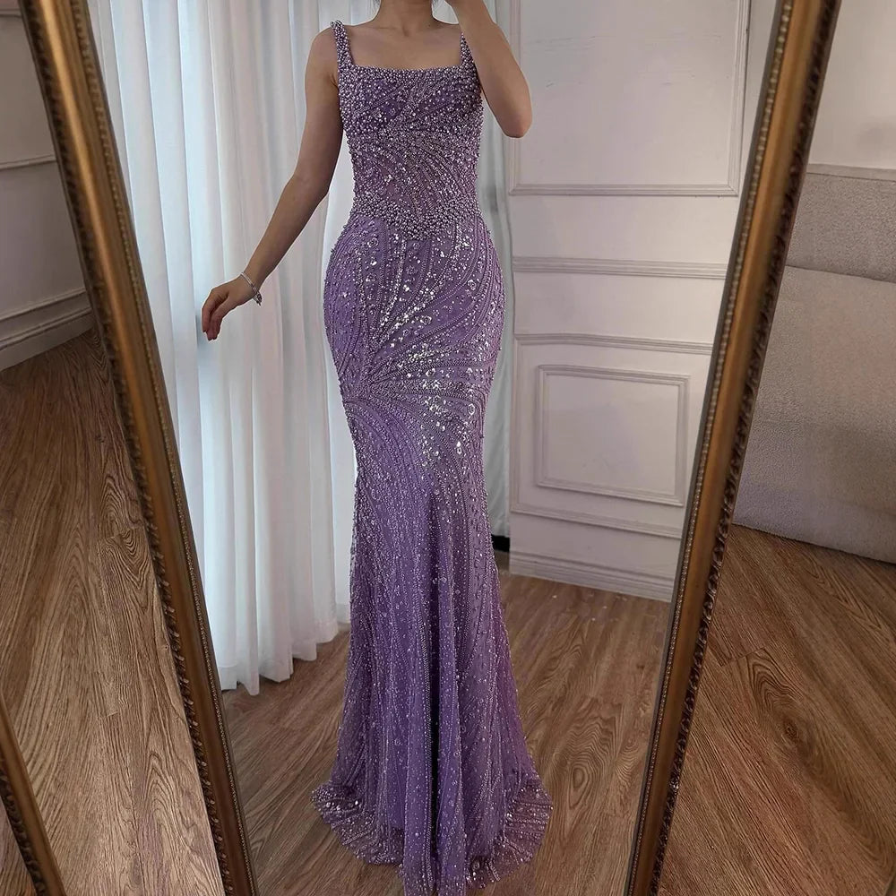 Luxury White Nude Pearl Beaded Mermaid Evening Dress LA72266