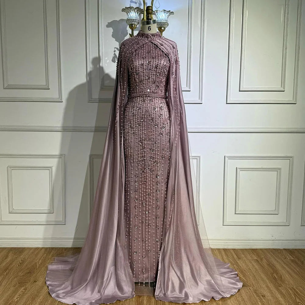 Modest Blue Muslim Beaded Evening Gown with Cape Sleeves LA72533