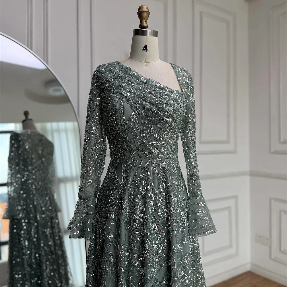Luxury Turquoise Beaded A-Line Evening Dress with Puffy Sleeves LA73177
