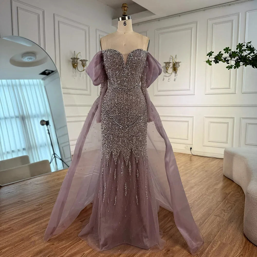 Luxury Nude Beaded Mermaid Evening Dress With Overskirt LA72879