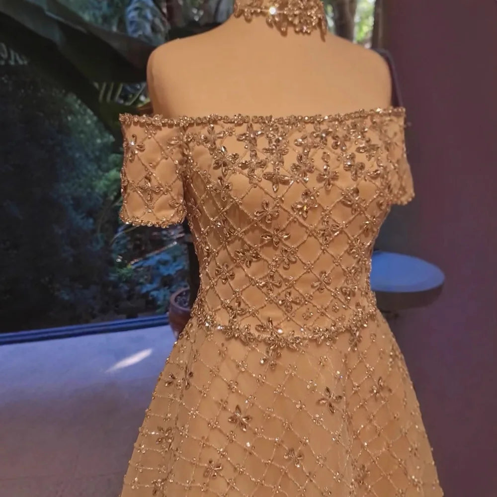 Luxury Nude Sliver Off Shoulder Beaded Crystal A-Line Evening Dress LA73122