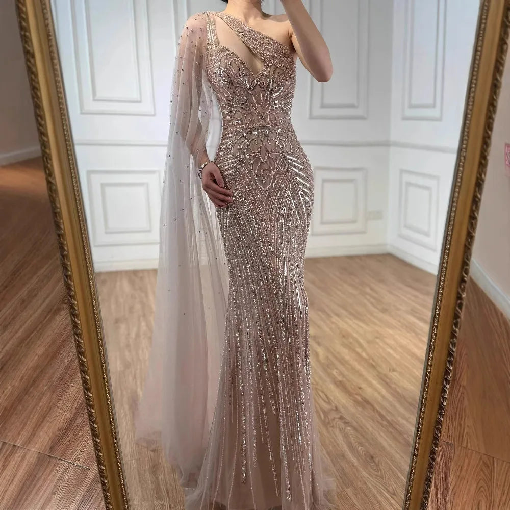 Luxury Caramel Beaded Mermaid Evening Dress with One Shoulder Cape LA73085