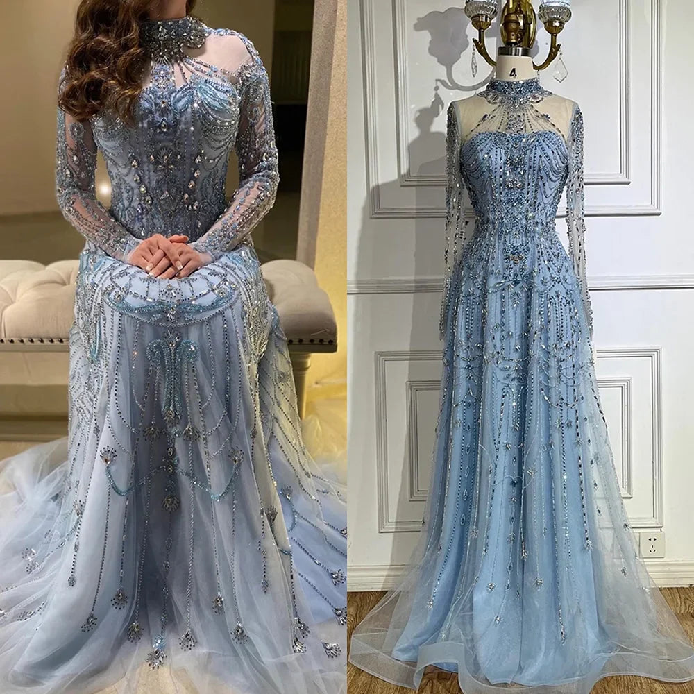 Modest A-Line Blue Lace Beaded Evening Gown LA72704
