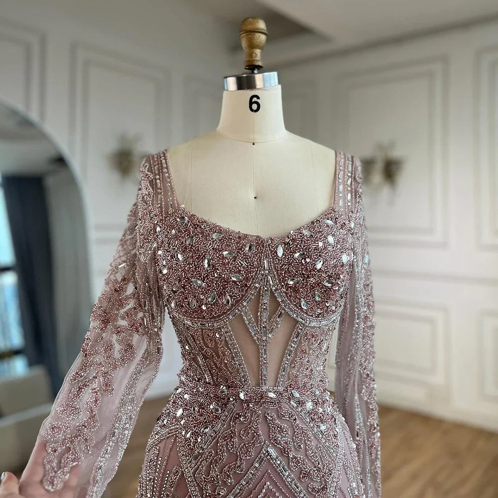 Luxury Dubai Beaded Evening Dress With Long Sleeve LA72518