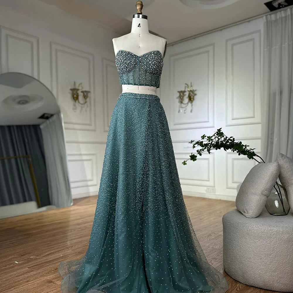 Luxury Dubai Customize Saudi Turquoise Two-Piece Evening Dress with High Split for Formal Occasion LA72786