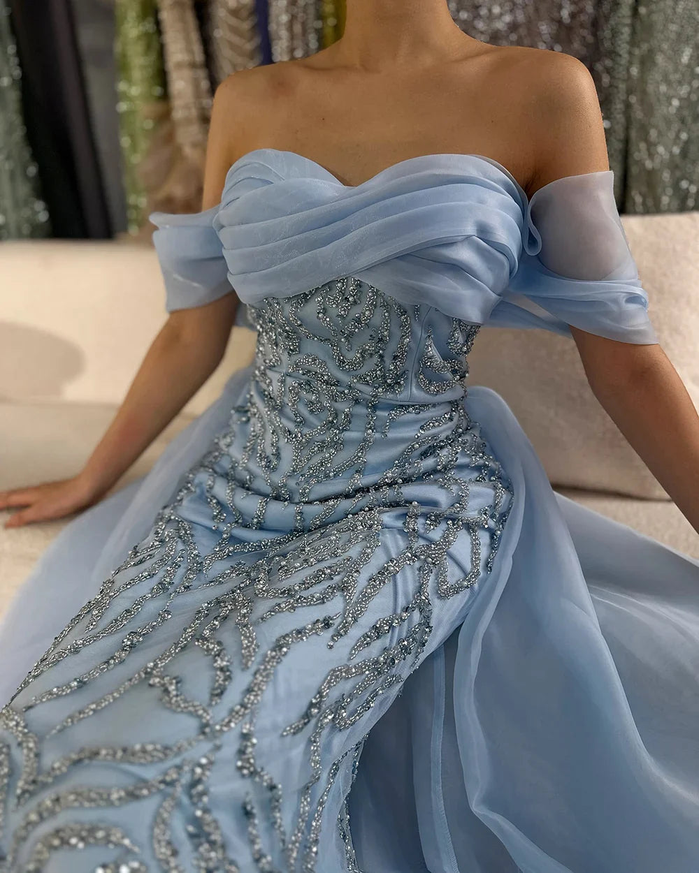Luxury Dubai Arabic White Beaded Mermaid Elegant With Overskirt Luxury Dubai Evening Dresses Gowns for Women's Party LA72398