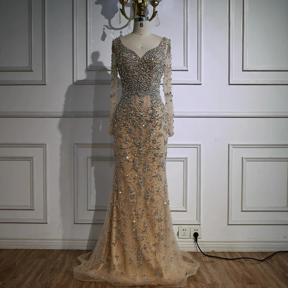 Luxury Nude Beaded Crystal Evening Dress with Long Sleeves LA73042