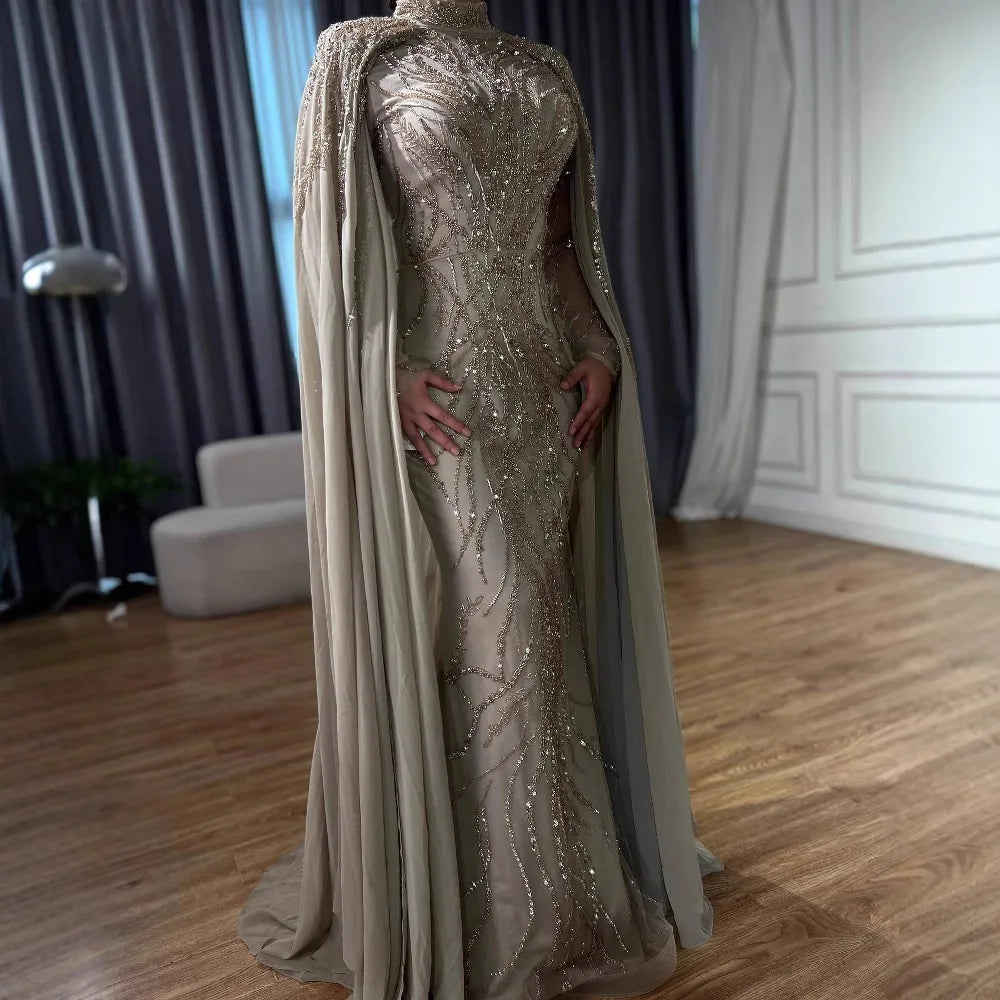 Modest Muslim Sage Green Evening Dress with Cape Long Sleeves LA72413A
