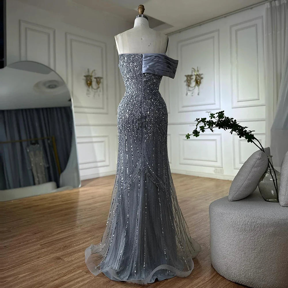 Luxury Dubai Arabic Green Mermaid Elegant One Shoulder Beaded Long Evening Dresses Gowns for Formal Occasion LA72650