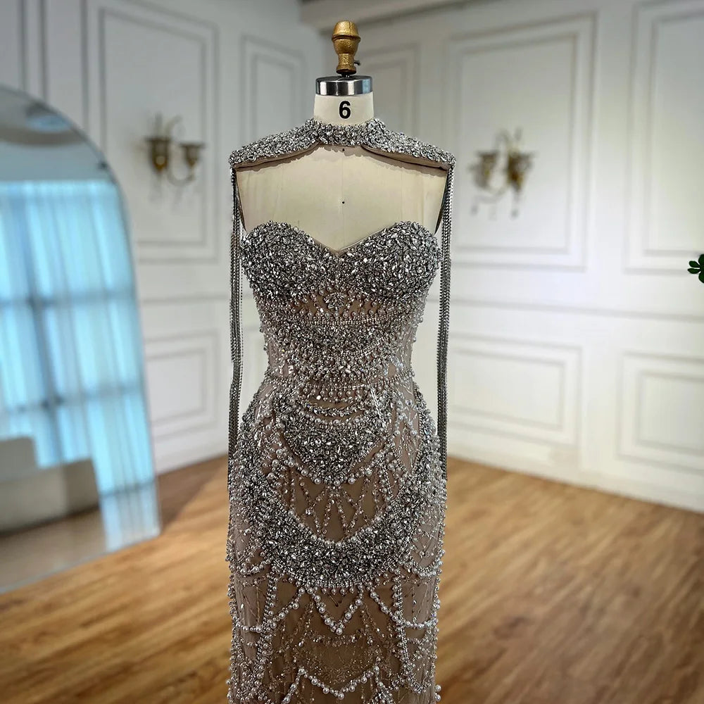 Luxury Nude Beaded Evening Dress with Tassel Short Cape LA72876