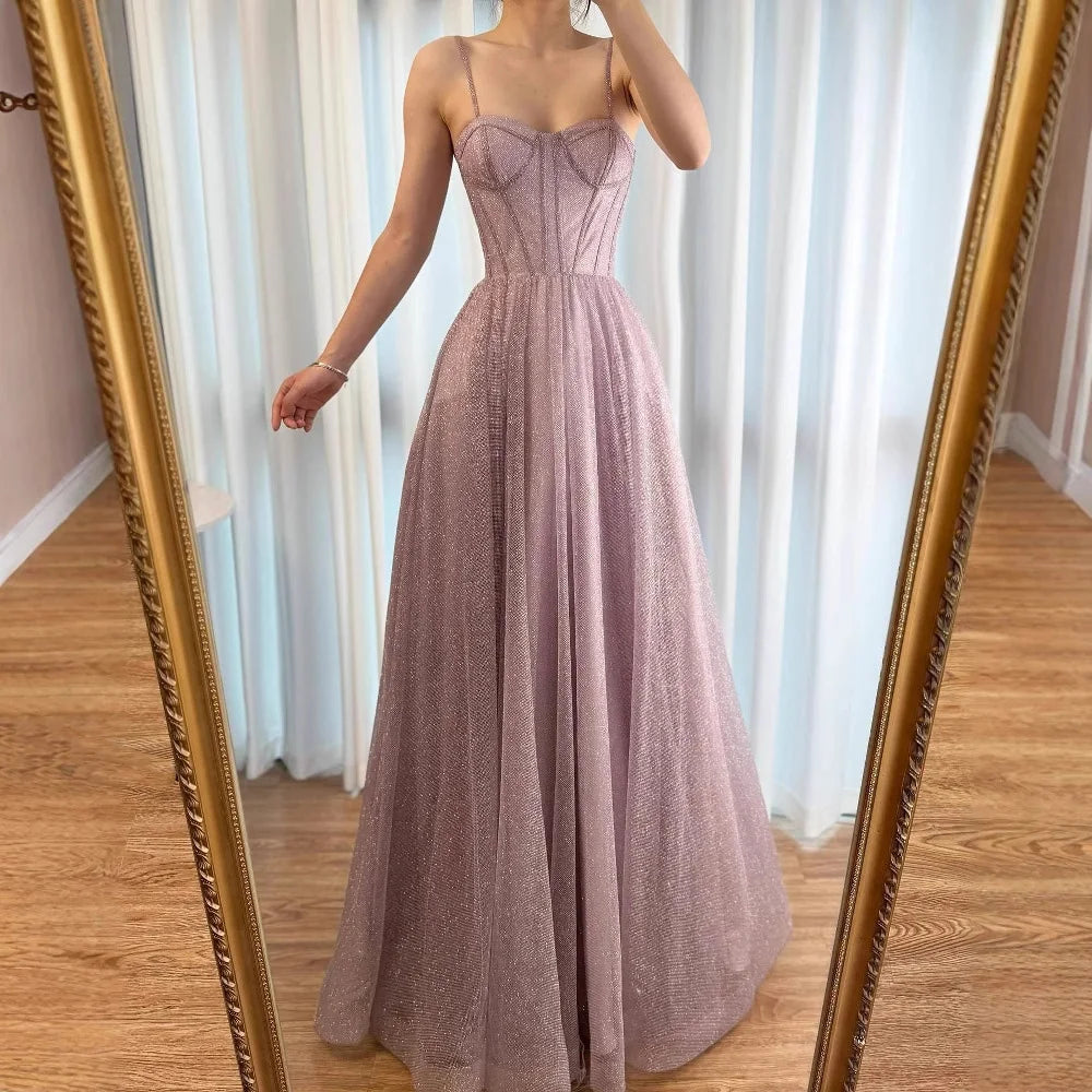 Luxury Pink Glitter A-Line Evening Dress with Corset Bodice LA73017