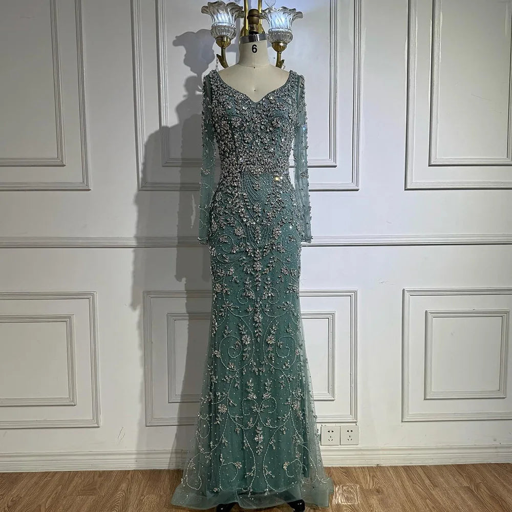 Luxury Nude Beaded Crystal Evening Dress with Long Sleeves LA73042