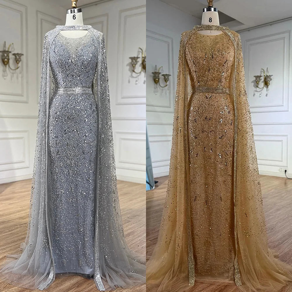 Luxury Gray Arabic Mermaid Evening Dress with Cape LA72180