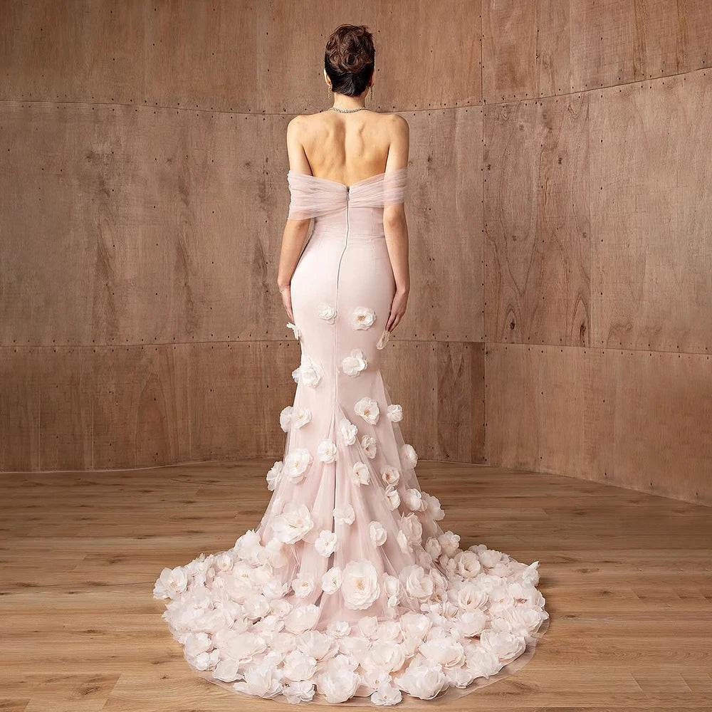 Elegant pink 3D flower off-shoulder evening dress LA72943