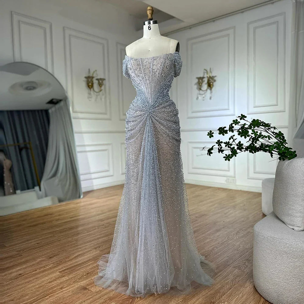 Luxury Designer Beaded Silver Nude Mermaid Evening Dress LA72905