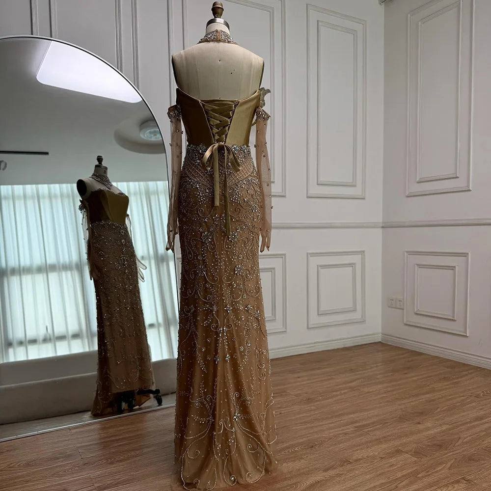 Luxury Beaded Corset Evening Dress Sheer Long Gloves LA72929