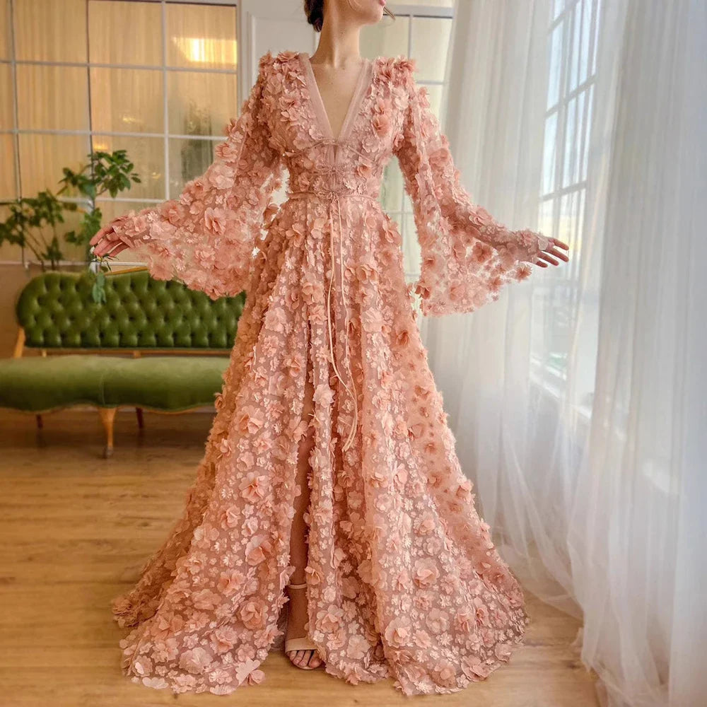 Blush Peach-Pink 3D Flowers Evening Dresses with Bell Long Sleeves LA72960