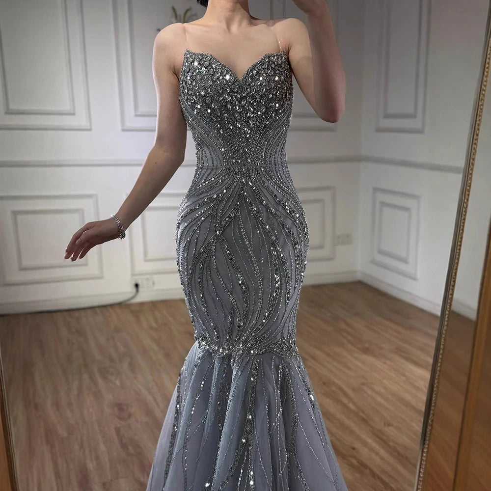 Luxury Pink Beaded Strapless Mermaid Evening Dress LA73124