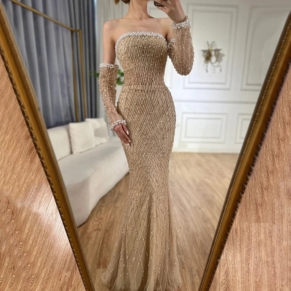 Dubai Elegant White Nude Beaded Evening Dress with Gloves LA72649