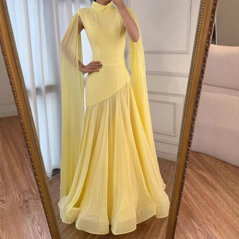Luxury Yellow High Neck A-Line Evening Dress with Cape Sleeves LA73097