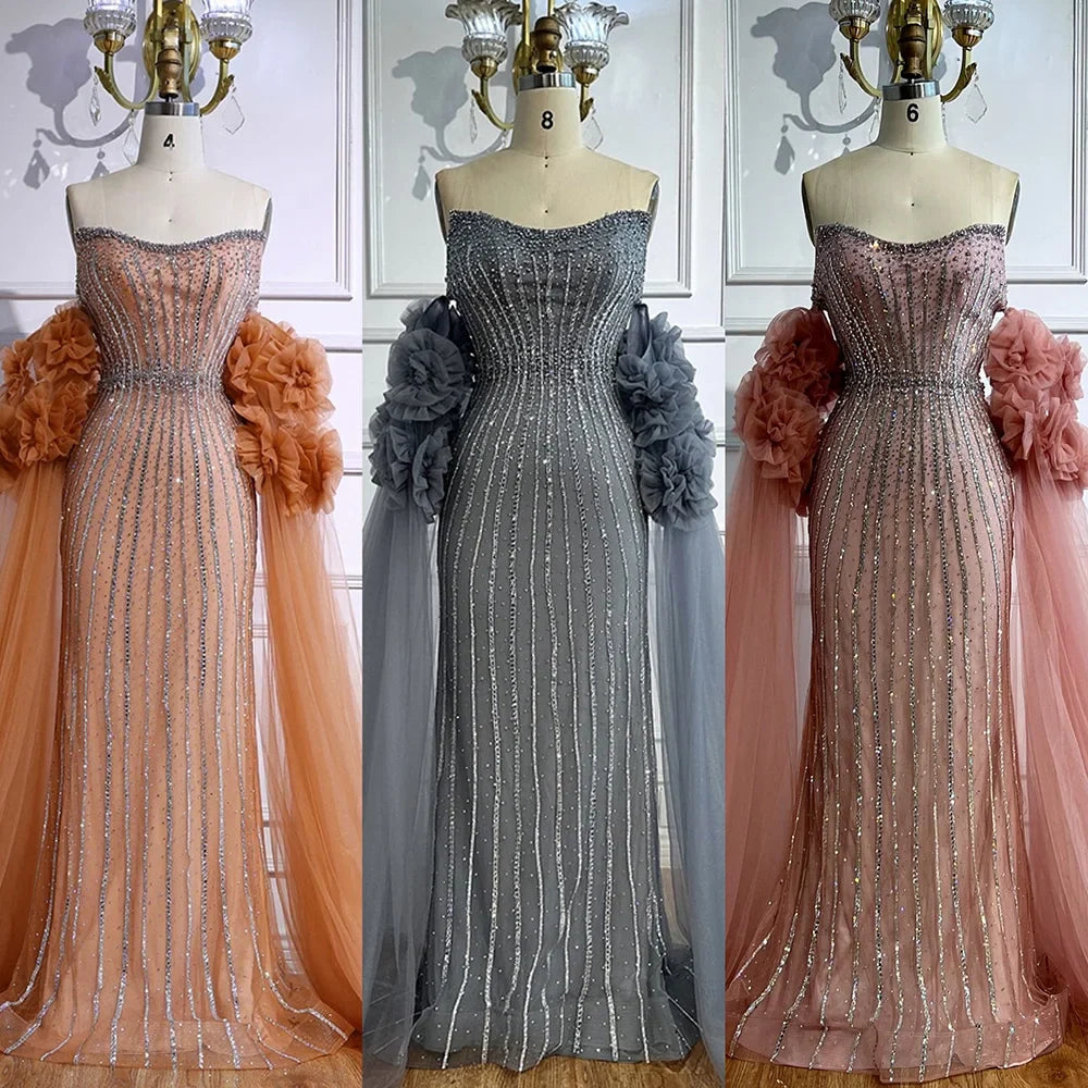 Luxury Pink Beaded Mermaid Arabic Evening Dress with Cape LA73019