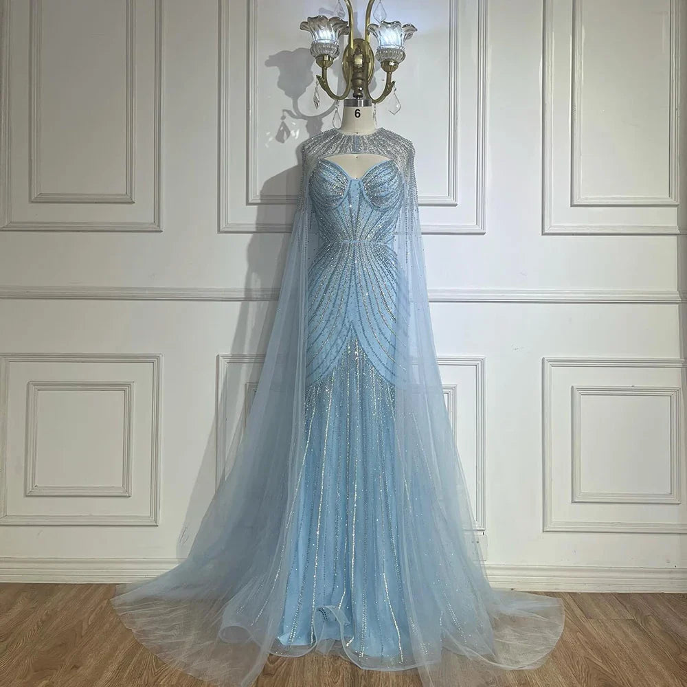 Luxury Dubai Arabic Blue Spaghetti Straps Beaded Evening Gown with Detachable Cape Dress for Formal Occasion LA72784