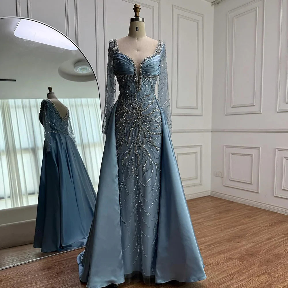 Luxury Muslin Blue hijab Evening Dress With Long Sleeves LA72963