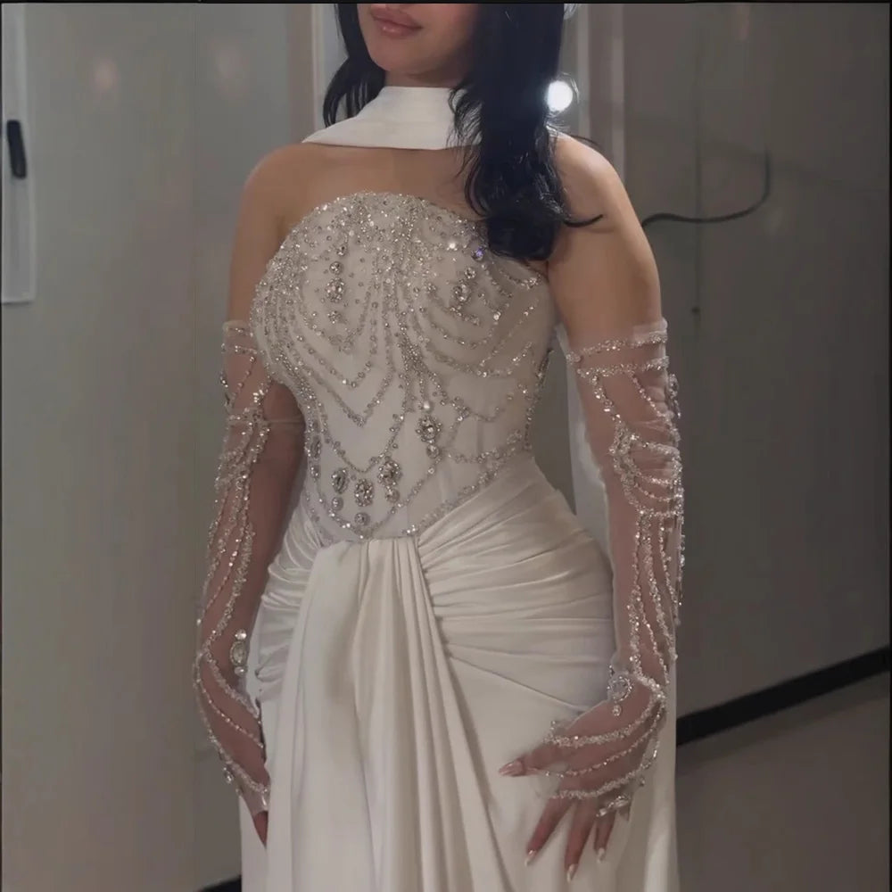 White Strapless Beaded Evening Dress with Gloves LA73086