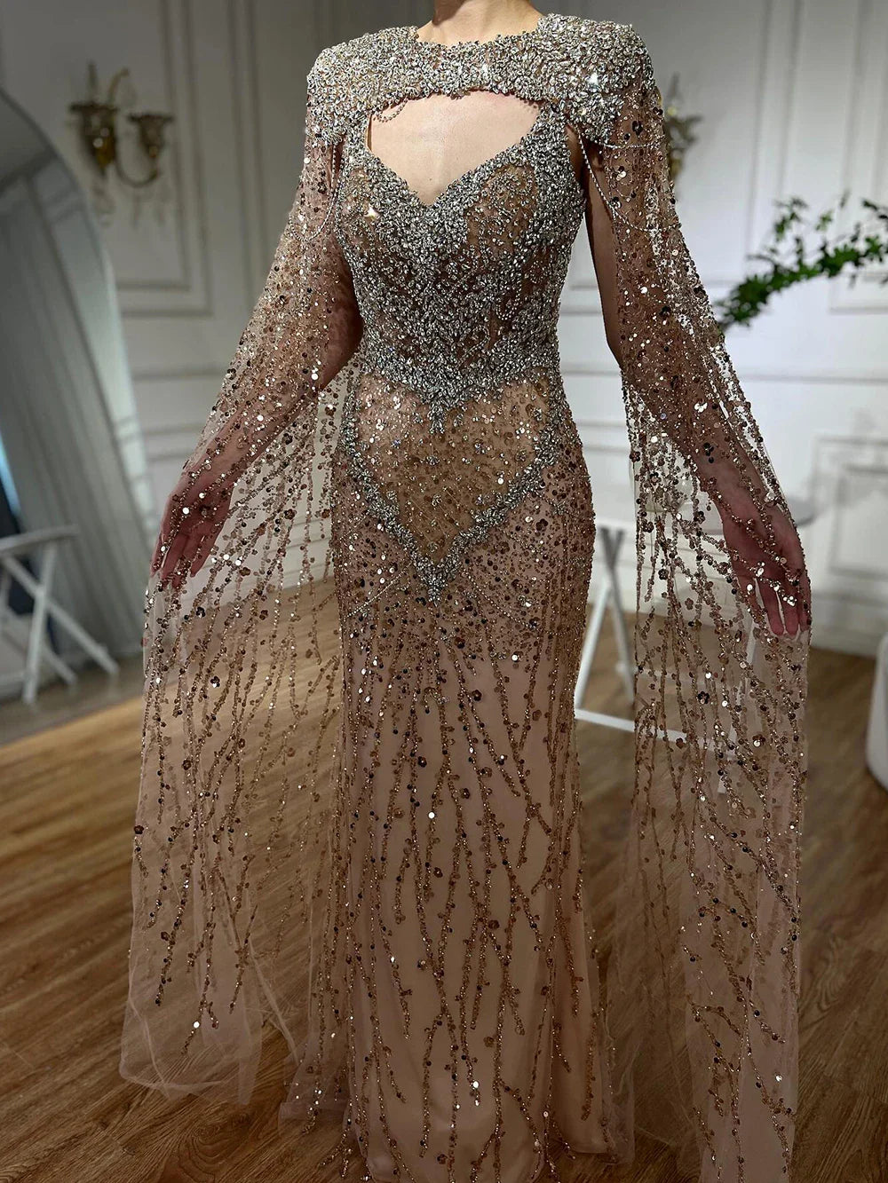 Luxury Designer Nude Beaded Crystal Evening Dress with Detachable Cape Sleeves LA72539