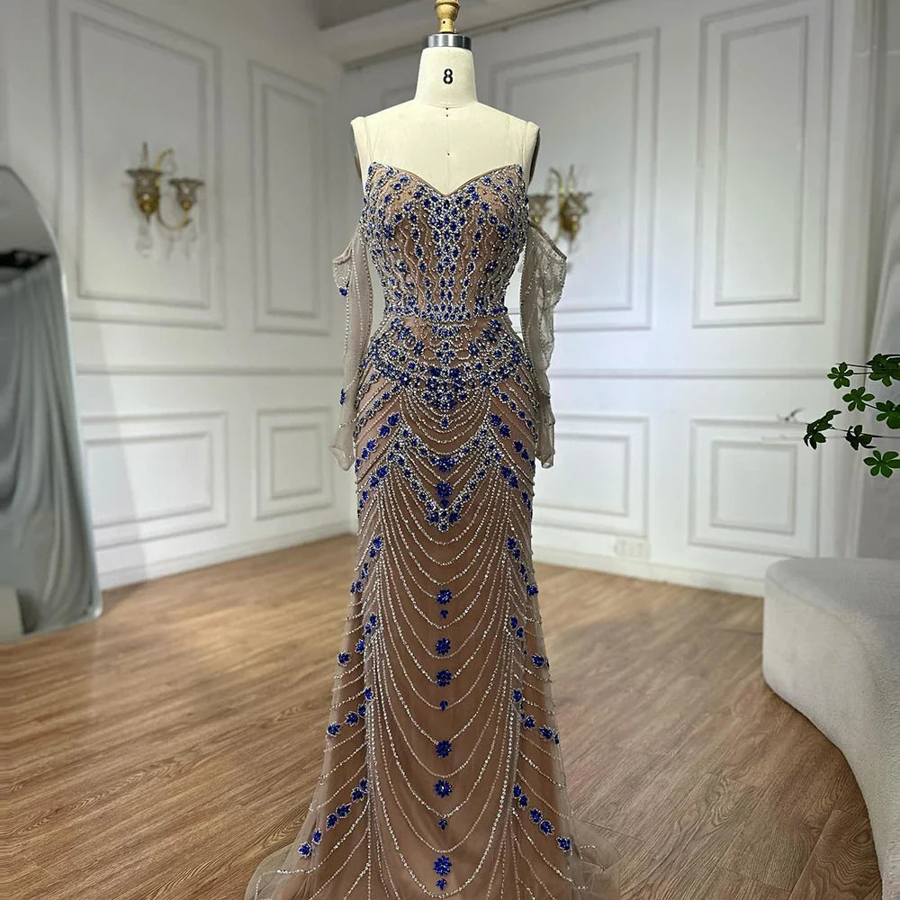 Luxury Blue Beaded Mermaid Evening Dress LA72858