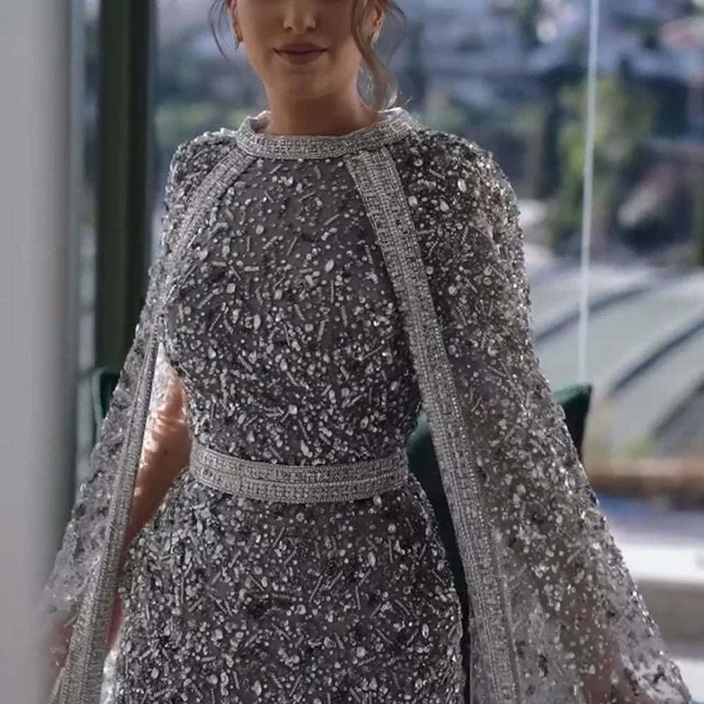 Luxury Gray Arabic Mermaid Evening Dress with Cape LA72180