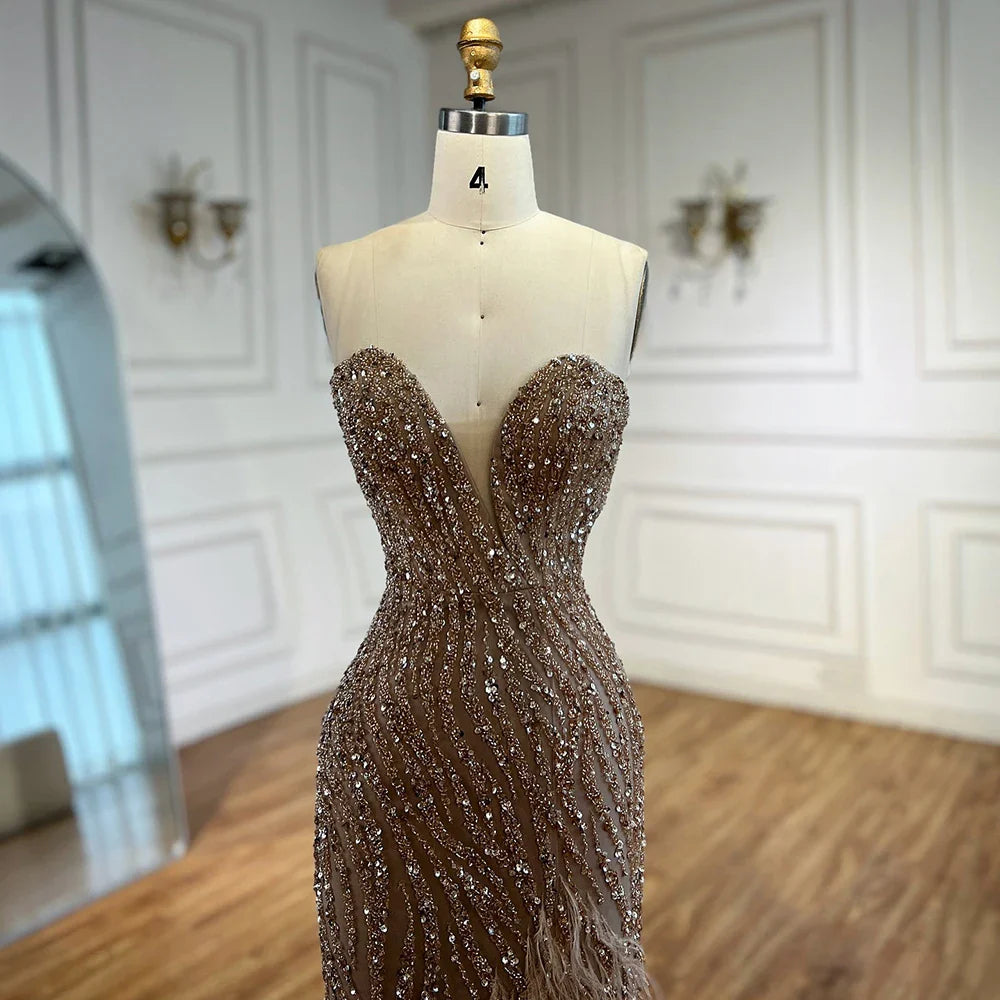Luxury Blue Feather Beaded Evening Dress with Side Skirt LA72695