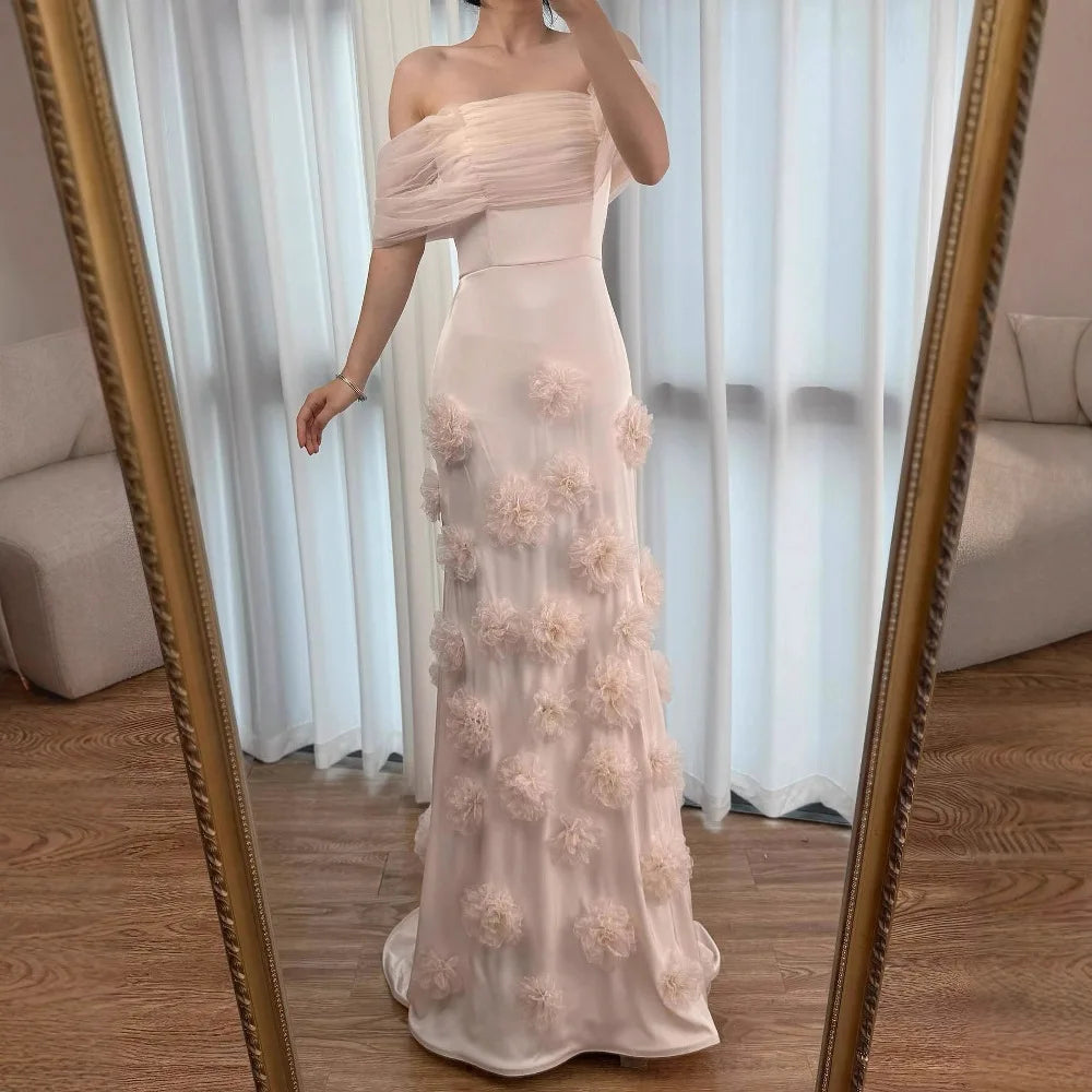 Elegant pink 3D flower off-shoulder evening dress LA72943