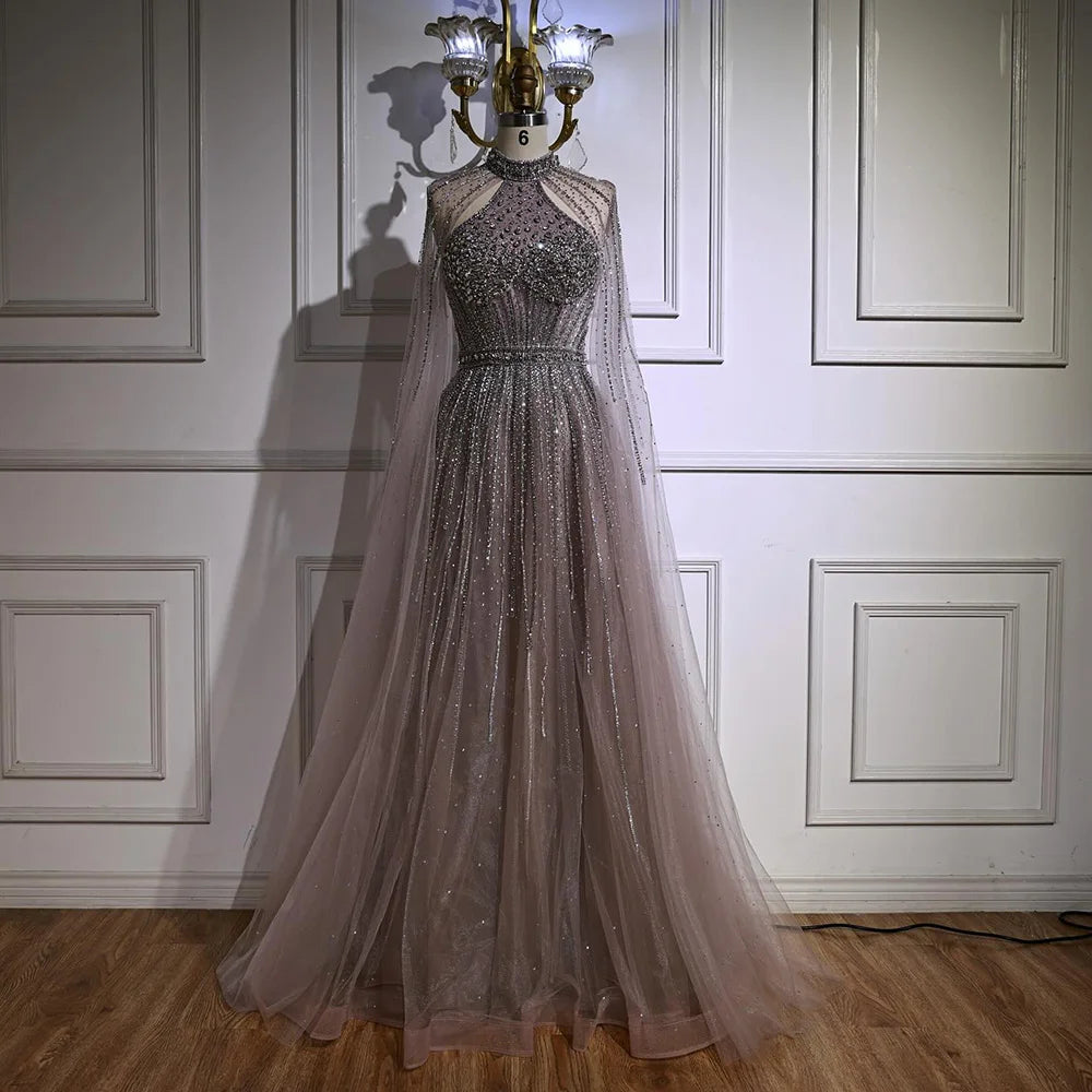 Luxury Beaded A-Line Evening Dress with Cape Sleeves LA73054