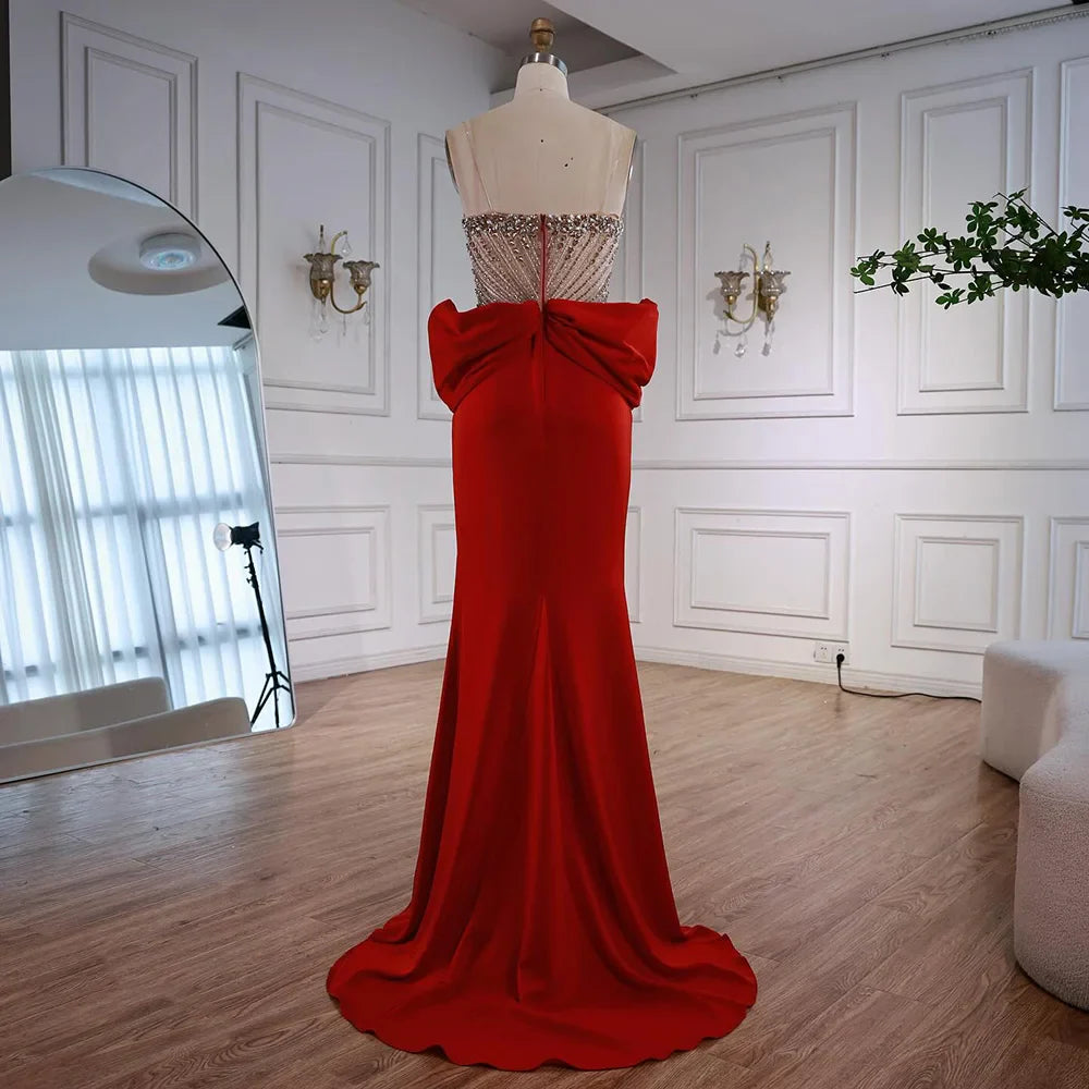 Designer Red Satin Evening Dress with Bow LA73060