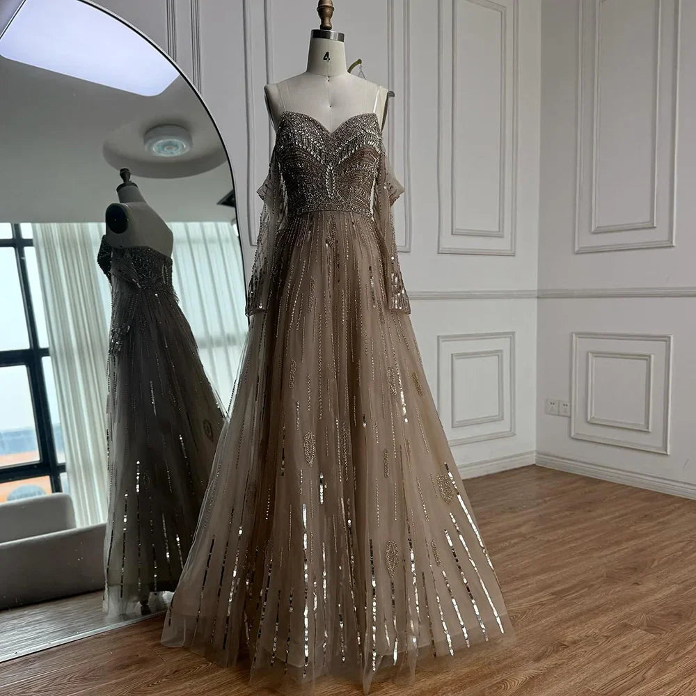 Luxury Caramel Crystal Beaded Strapless Long Sleeve Mermaid Evening Dress LA73130