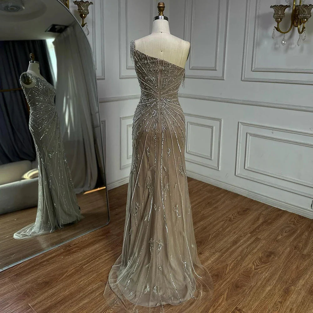 Luxury Caramel One Shoulder Beaded Slit Evening Gown with Tassel Detail LA72926