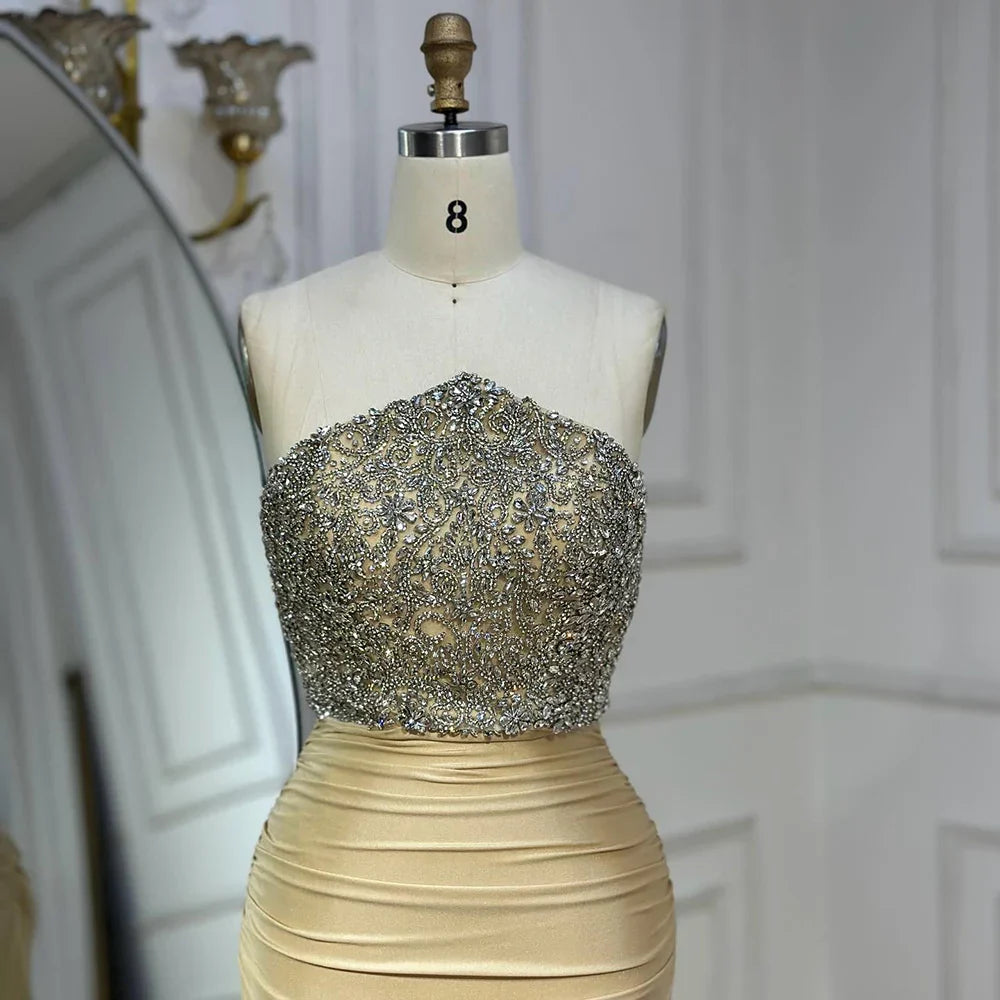 Luxury Dubai Saudi Arabic Gold Elegant Evening Gown Crystal Beaded Dress for Formal Occasion LA72759
