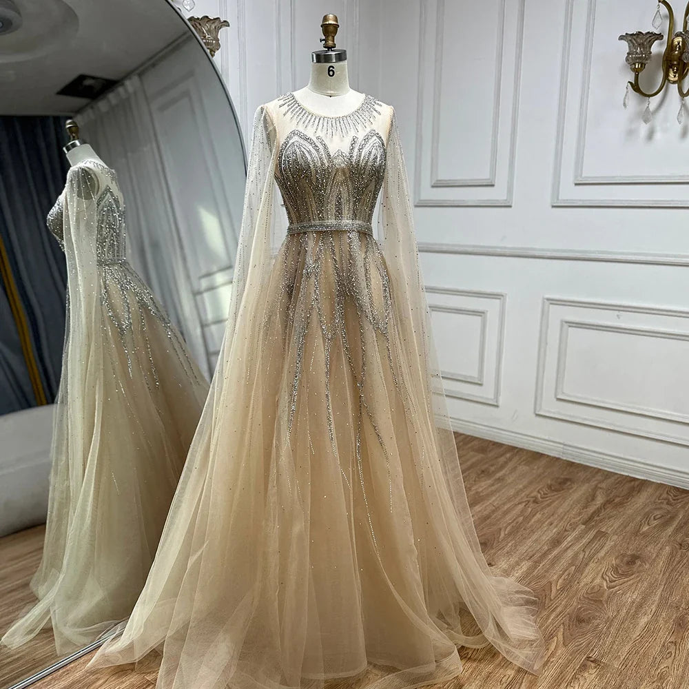 Luxury Dubai Nude Blue Elegant A-Line Beaded Long Arabic Evening Dresses Gowns with Cape Sleeves for Formal Occasion LA72785