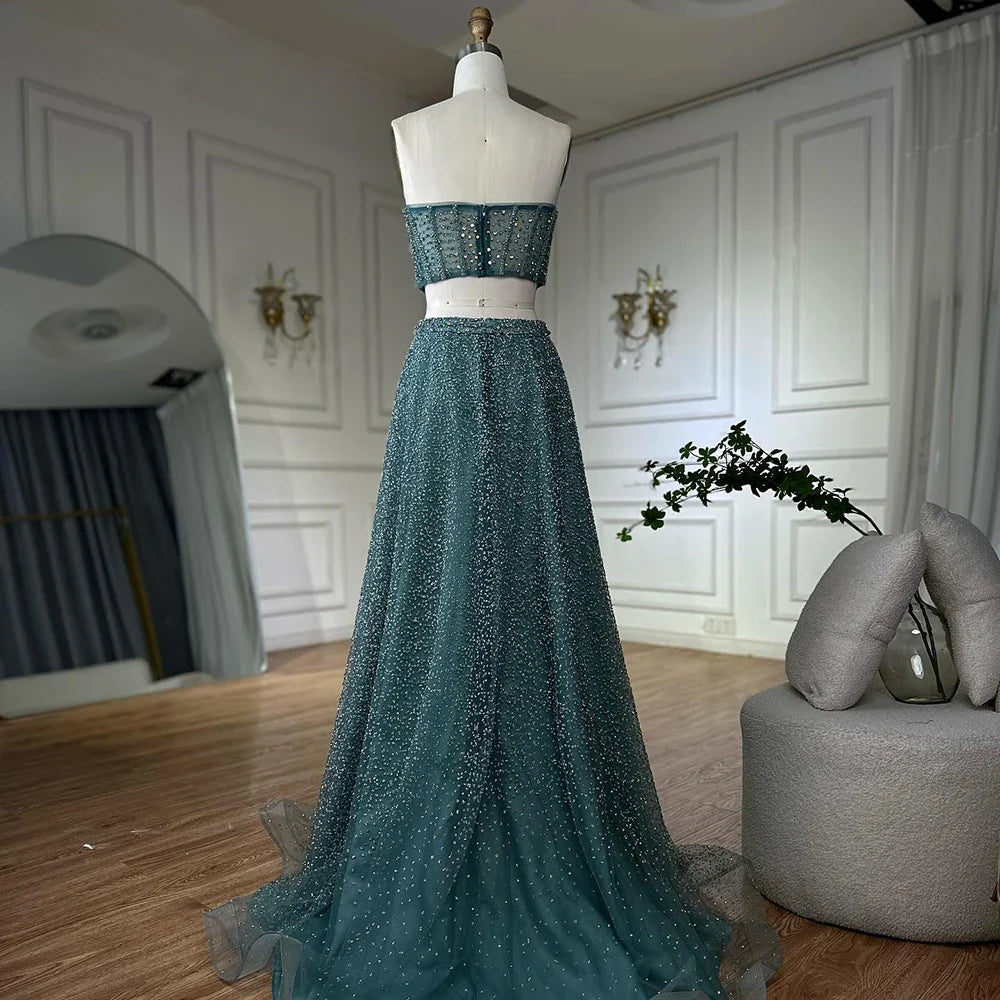 Luxury Dubai Customize Saudi Turquoise Two-Piece Evening Dress with High Split for Formal Occasion LA72786
